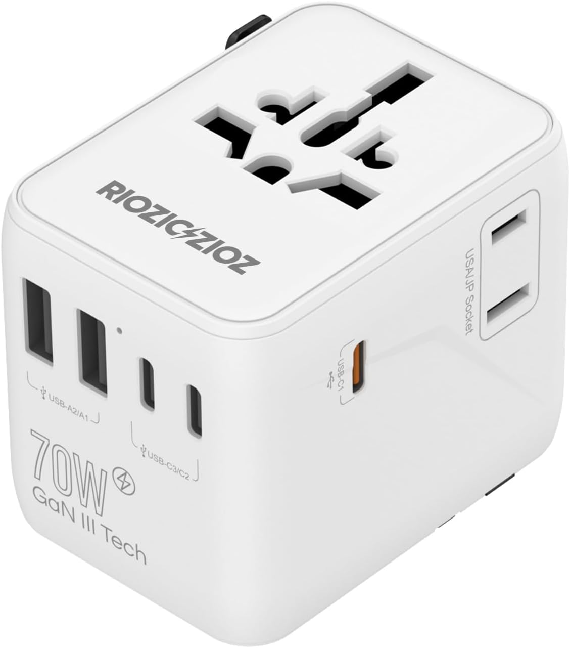 Universal Travel Adapter, RIOZIOZIOZ GaN III Worldwide Portable Adaptor with 70W PD Fast Charging, 7 Ports(2AC Socket&3USB-C&2USB-A), European Travel Essentials for EU/US/UK/AU/JP Power Plug