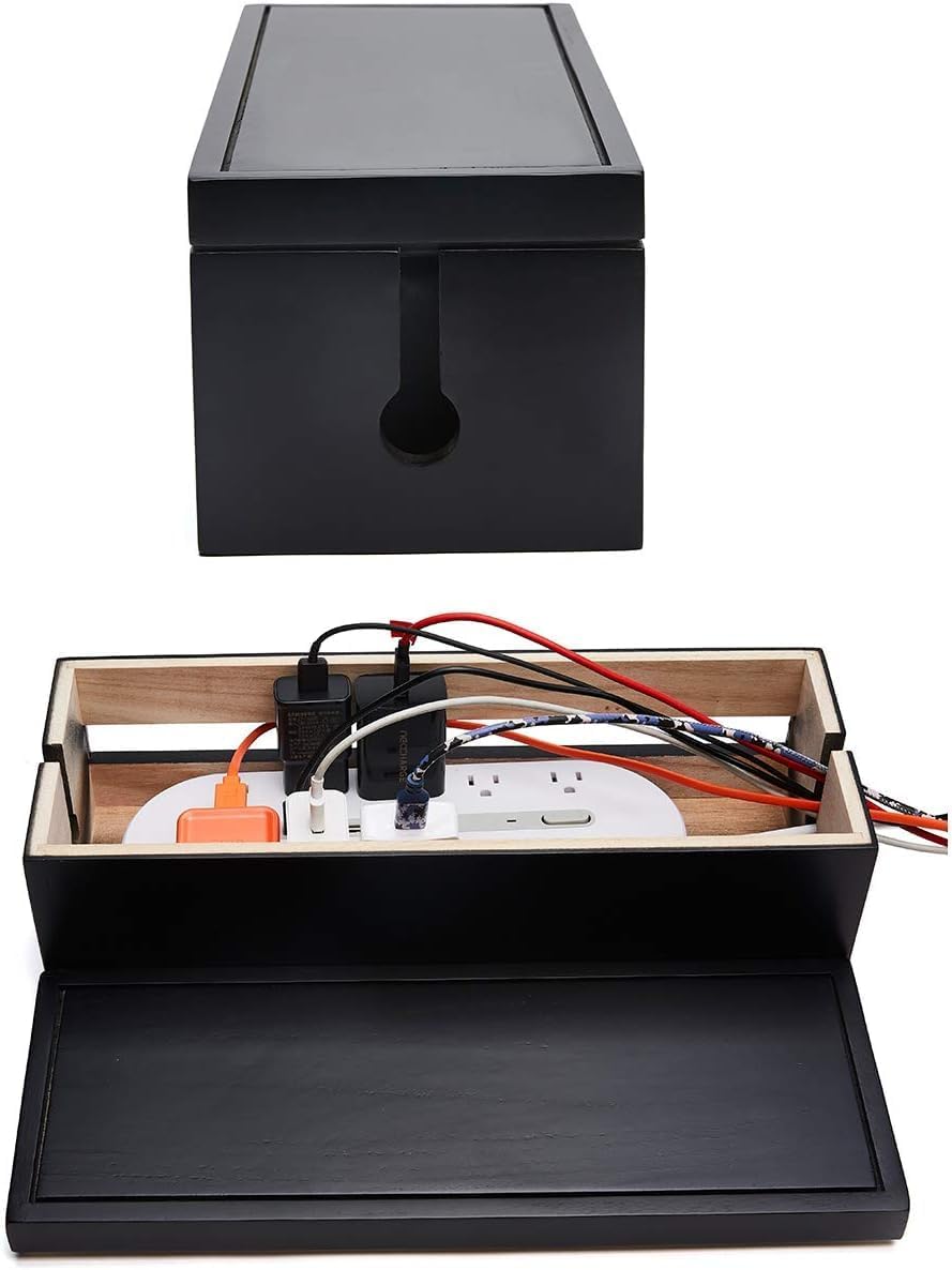 Changsuo Cable Management Box Wooden Cord Organizer Box for Extension Cord Power Stripe Surge Protector Wire Management Concealer Organizer Cover Hider for Desktop Home Office Kitchen (Black)