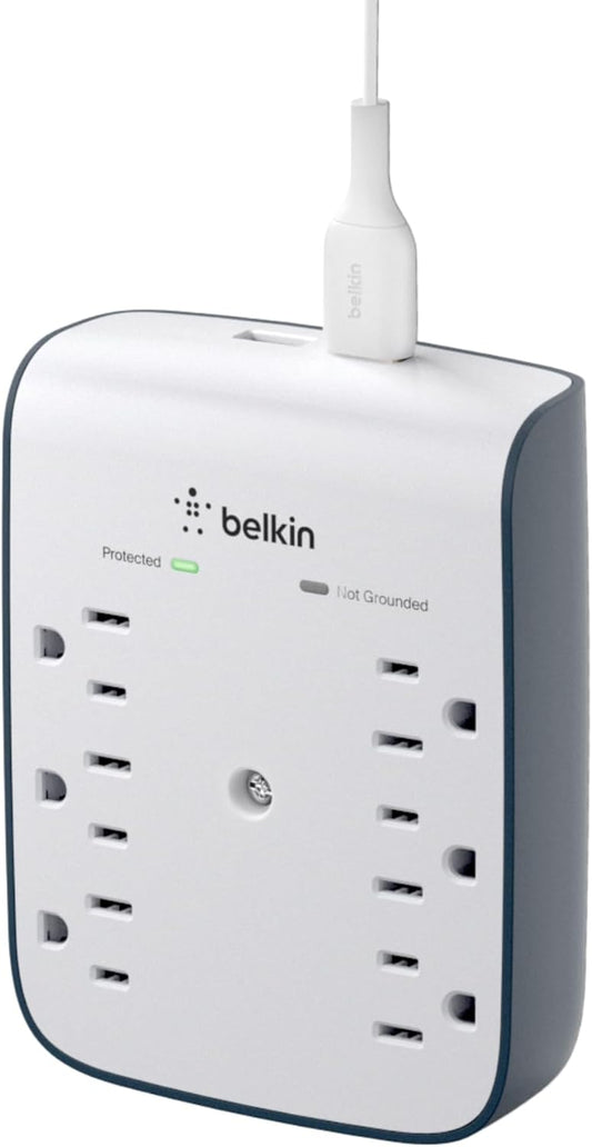 Belkin 6-Outlet Wall Surge Protector w/ 2 USB-A Ports, Wall-Mountable Surge Protector for Home, Office, Travel, Computer Desktop, Laptop, Phone Charger, & More - 900 Joules of Protection