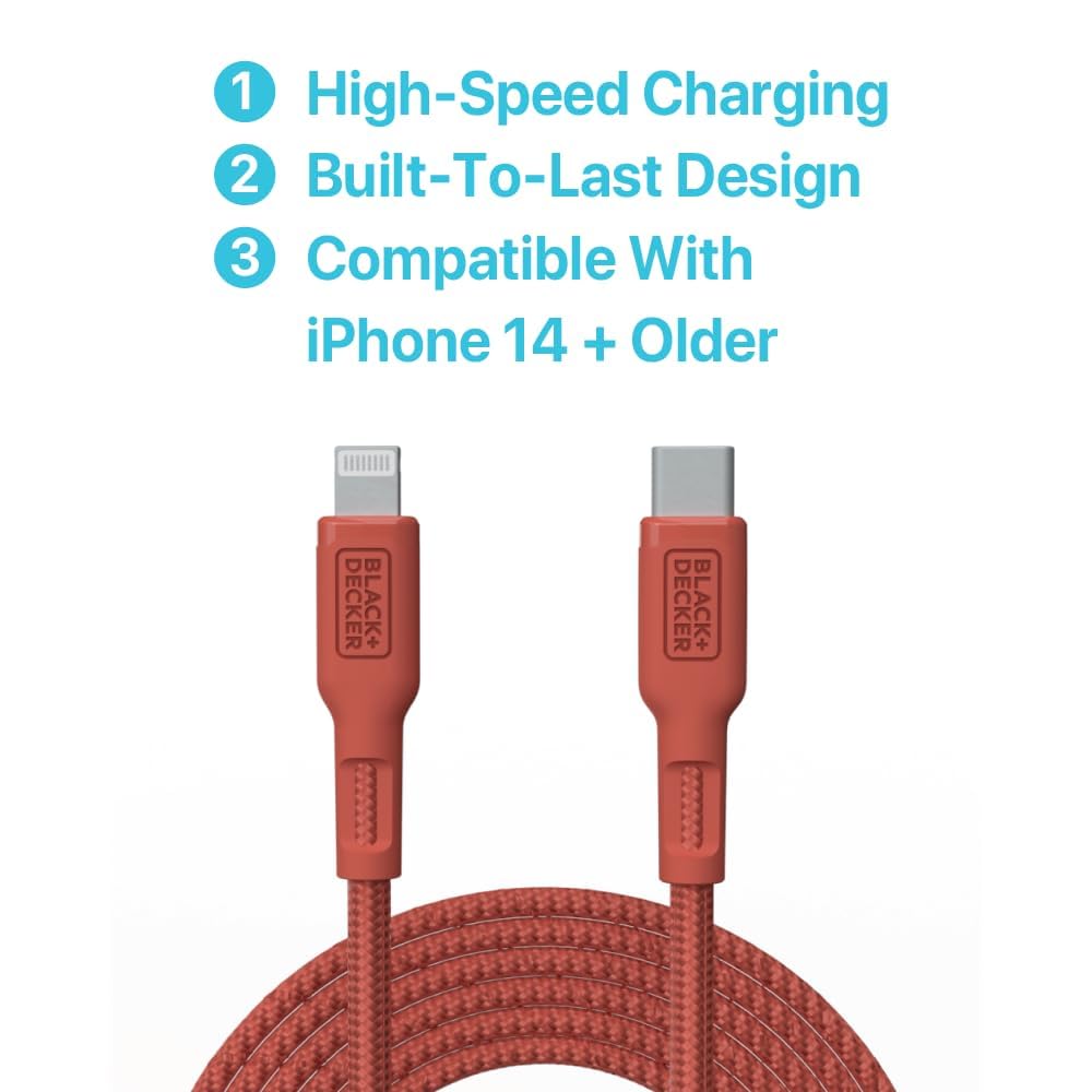 BLACK+DECKER USB C to Lightning Cable - Fast Compatible iPhone Lightning Cable - Durable Braided Type C iPhone Charger Cord - for Travel and Daily Use - Multiple Colors and Lengths - 3ft