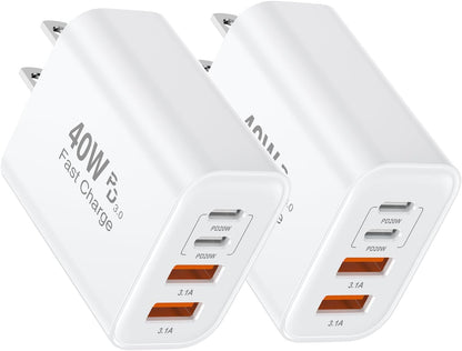[2 Pack] iPhone 16 Charger Block 4-Port,40W USB C PD Power Adapter Fast Charging+ QC 3.0 USB A Multiport Charger Brick for iPhone 16/15/14/13/Pro Max/XS/XR/8/7, iPad, Airpods,iwatch,Samsung,Tablets