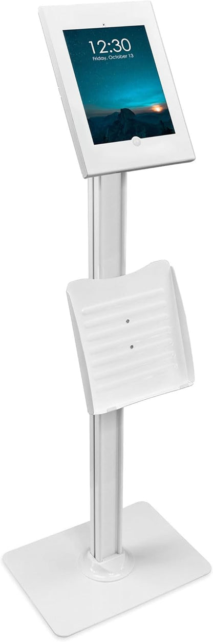 Mount-It! Anti-Theft Floor Stand Compatible with iPad, Contact-Less Kiosk with Universal Enclosure for iPads, Adjustable Locking Secure Tablet Mount for iPad Gen 7 to 10, Pro, Air, White