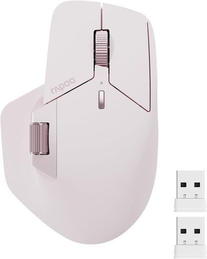 Rapoo MT760 Multi-Device Wireless Mouse, Bluetooth 5.0 and 2.4GHz Multi-Mode Connection, Up to 4 Devices, 11 Programmable Buttons, 4K DPI, Ergonomic Design, 90 Days Battery Life, PC, Pink