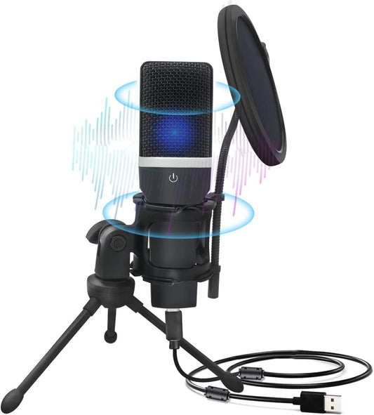 USB Gaming Microphone, Condenser Microphone, Podcast Microphone for PC, Plug & Play, Cardioid Polar Pattern, One-Touch Mute, for Streaming, Podcast, YouTube Videos