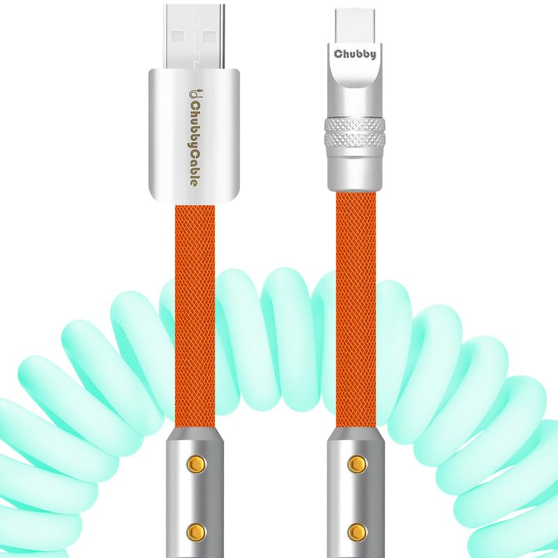 chubbycable Colorblock Chubby - Spring Braided Silicone Charge Cable Coiled USB C Cable Fast Charging Type C Charger Cord for Car, Light Blue+Orange, USB-A to Type-C, 2.29FT-3.6FT