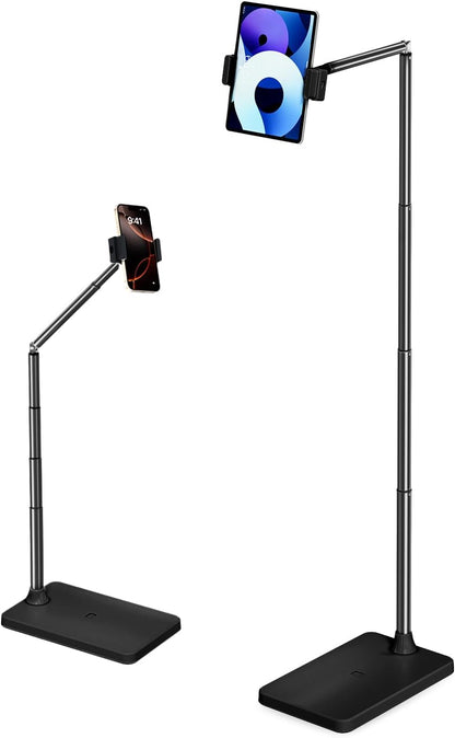 Extended Tablet Floor Stand, 360 Rotating Adjustable iPad Floor Holder with Long Flexible Arm, Compatible with 4-13" Devices, Stand for Bedside, Sofaside, Table, Desk (Black)