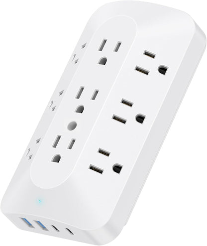 Wall Outlet Extender, 9 Outlet Splitter with 4 USB Ports (2 USB C), Multi Plug Wall Outlet Expander, 3-Sided Wall Charger Power Strip for Home, Office, Dorm, White