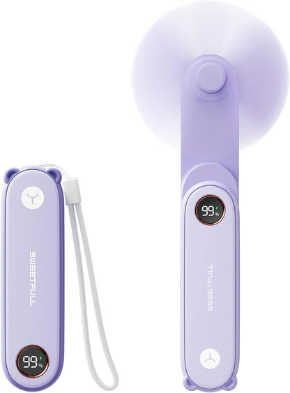 SWEETFULL Portable Handheld Mini Fan with LED Display, 3-in-1 Personal Foldable USB Rechargeable Hand Held Fan & Flashlight for Travel, Lash Eyelash, Cute Small Pocket for Women, Girls