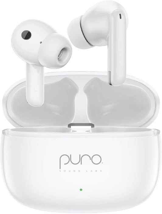 Puro Sound Labs PuroQuiet-Air Active Noise Cancelling Bluetooth Earbuds, Volume-Limited Wireless Earphones for Safe Listening, Soft Touch, Type-C Charging with Built-In Microphone & Secure Fit – White