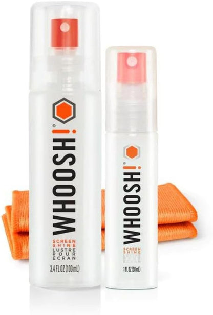 WHOOSH! Screen Shine Duo XL - Screen Cleaner Spray and Wipe for Eyeglasses, Phone & Laptop - Removes Fingerprints - Includes 3.4 oz + 1 oz Leak-Free Bottles & 2 Microfiber Cloths for Home & Travel
