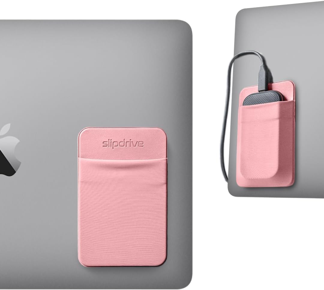 Slipdrive - Portable Hard Drive Sleeve for Laptop - SSD Solid State Drive - Reusable Adhesive - 5” x 3.2” Stick on External Hard Drive Carrying Case - Travel Pocket Pouch (Small, Pink)