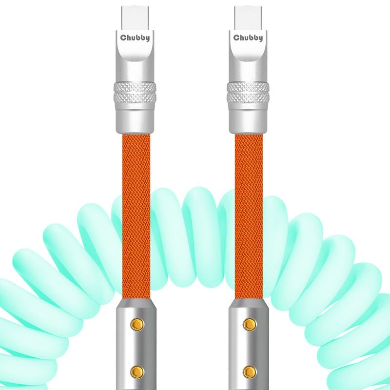 chubbycable Colorblock Chubby - Spring Braided Silicone Charge Cable Coiled USB C Cable Fast Charging Type C Charger Cord for Car, Light Blue+Orange, Type-C to Type-C, 2.29FT-3.6FT