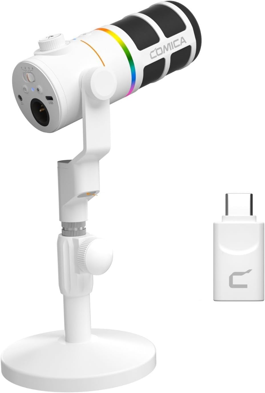 COMICA D10 Pro D Wireless/XLR/USB Dynamic Microphone with Receiver Desktop Stand- Dual Channel Cardioid Mic, 45H Battery, RGB Lights, CalMix Denoise for Gaming/Streaming/PD(PC, PS4/5, Mac,Phone-White