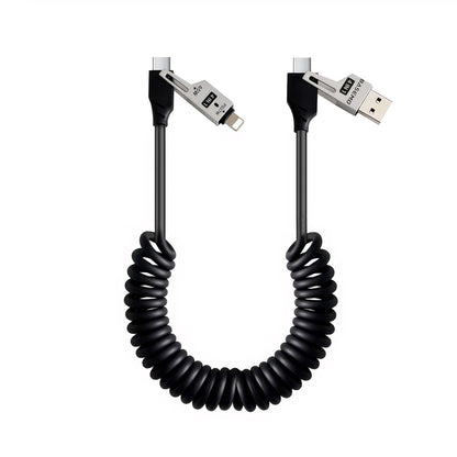 65W 4-in-1 Retractable Fast Charging Cable, 2M/6.5ft Spring Coiled USB-C to L/USB-C/USB-A Multi-Device Cord for iPhone 15/14/13, iPad, Samsung, MacBook, Laptop, Car, Tablet