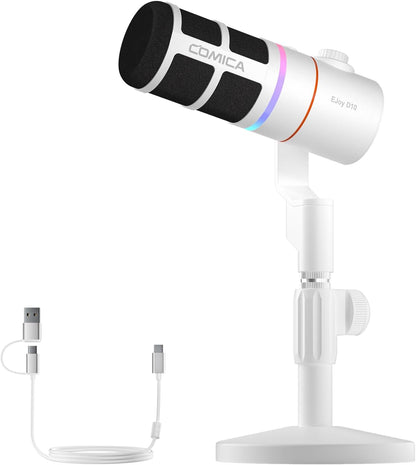 COMICA EJoy D10(D) USB Gaming Microphone – RGB Dynamic Mic with Noise Cancellation, XLR/USB-C, Real-Time Monitoring, Muting, Professional Studio Mic for Gaming, Streaming, Podcast, Recording (White)