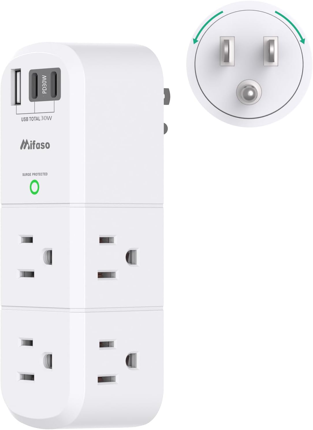 PD30W USB Outlet Extender Surge Protector - with Rotating Plug, 6 AC Multi Plug and 3 USB Ports (2 C), 3-Sided Swivel Power Strip Spaced Splitter for Home, Office, Travel