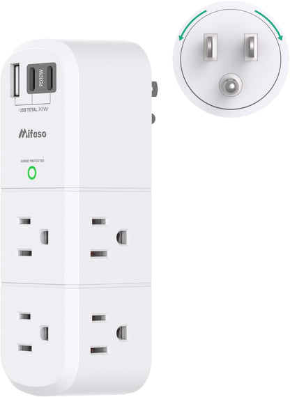 PD30W USB Outlet Extender Surge Protector - with Rotating Plug, 6 AC Multi Plug and 3 USB Ports (2 C), 3-Sided Swivel Power Strip Spaced Splitter for Home, Office, Travel