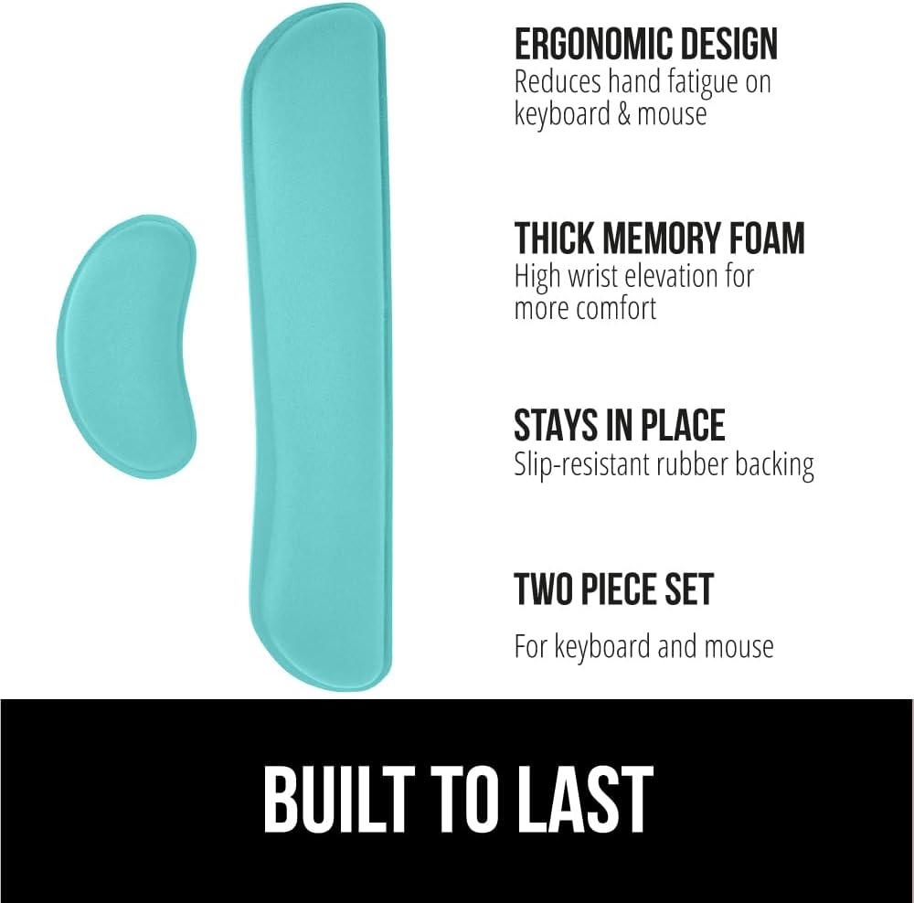 GORILLA GRIP Silky Gel Memory Foam Wrist Rest for Computer Keyboard, Mouse, Ergonomic Design for Typing Pain Relief, Desk Pads Support Hand, Arm, Mousepad Rests, Stain Resistant, 2 Piece Pad Turquoise