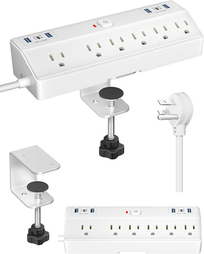 Desk Clamp Power Strip, 40W Fast Charging Station, Desktop Mount Surge Protect with 6 Outlets 6USB Ports (2USB C), Removable Power Strip Fits 1.8" Tabletop Edge, 10Ft Extension Cord for Home Office