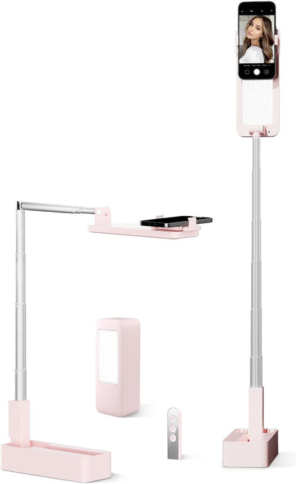 Phone Stand for Recording, Overhead Phone Mount with Light, Selfie Stand,Portable,Extendable,360° Rotate,Adjustable,Wireless Remote,Rechargeable, for 3.5-6.9" Phones, Live Streaming