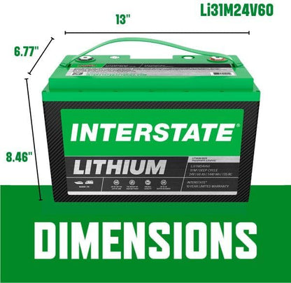 Interstate Batteries 24V 60Ah Group Size 31M Lithium Marine/RV Deep Cycle LiFePO4 Battery, Maintenance Free, Lightweight, Ideal For Boats, Trolling Motors, RV Camping, Off-Grid, Yachts (Li31M24V60)