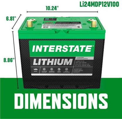 Interstate Batteries 12V 100Ah Group Size 24M Lithium Marine Dual Purpose Deep Cycle LiFePO4 Battery, Maintenance Free, Lightweight, Ideal For Boats with 1,000 Marine Cranking Amps (Li24MDP12V100)