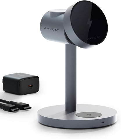MagFusion 3-in-1 Charging Station Compatible with MagSafe, Qi2 Certified 15W Magnetic Wireless Charger Stand, for iPhone 16/15/14/13/12 Series, Apple Watch, AirPods(30W PD Charger Included)