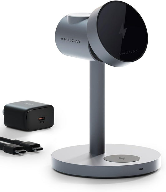 MagFusion 3-in-1 Charging Station Compatible with MagSafe, Qi2 Certified 15W Magnetic Wireless Charger Stand, for iPhone 16/15/14/13/12 Series, Apple Watch, AirPods(30W PD Charger Included)