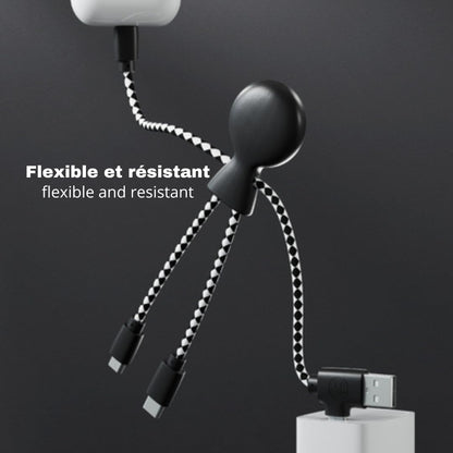 Mr Bio 4 in 1 Multi USB Cable Octopus Design Black - Universal Recycled Plastic Charger - USB Plug - USB-C - Lightning - Micro USB for Universal Smartphone