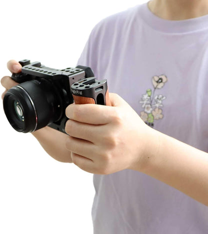 Side Handle Wooden Handgrip with Two 1/4"-20 Screws for DSLR Camera Vlog Camera Cage, Portable Mini Handle for Left/Right Hand with Cold Shoe 1/4" 3/8" ARRI Thread, Up and Down Adjustable