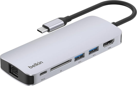 Belkin USB-C Hub - 6-in-1 Multi-Port Adapter Dock with 4K HDMI, USB-C 100W PD Pass-Through Charging, 2X USB-A Ports, Gigabit Ethernet Ports, and SD Slot for MacBook Pro, Air, iPad, Pro, XPS and More