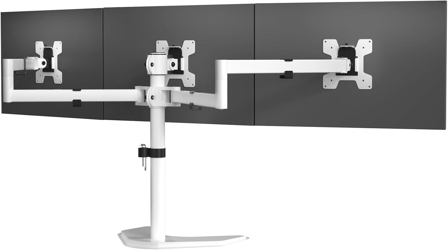 WALI Triple Monitor Stand, Free Standing Three LCD Monitor Fully Adjustable Desk Mount Fits 3 Screens up to 27 inch, 22 lbs Weight Capacity per Arm (MF003-W), White