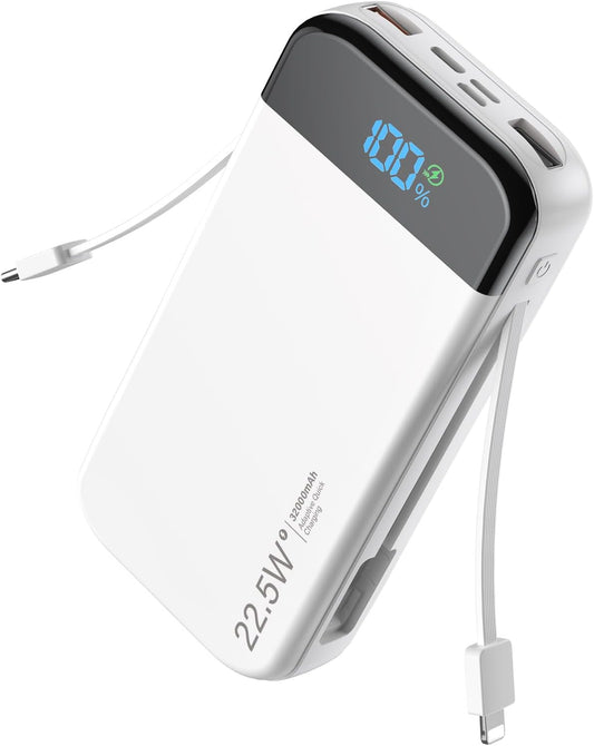 Portable Charger Power Bank 32000mAh with Built in Cables, PD3.0 USB C Fast Phone Charger, 5 Outputs LCD Display Travel Battery Pack Compatible with iPhone, Samsung All Cell Phones (White)