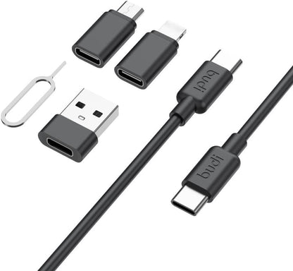 Multifunctional Data Cable Conversion Head Portable Storage Box, Multi-Type Charging Line Convertor USB Type C Adapter Tool Contains Sim Card Slot Tray Eject Pin, Phone Holder (Black)