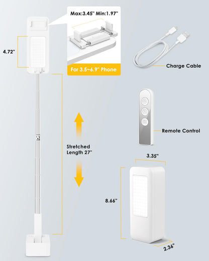 Phone Stand for Recording, Overhead Phone Mount with Light, Selfie Stand,Portable,Extendable,360° Rotate,Adjustable,Wireless Remote,Rechargeable, for 3.5-6.9" Phones, Live Streaming, White