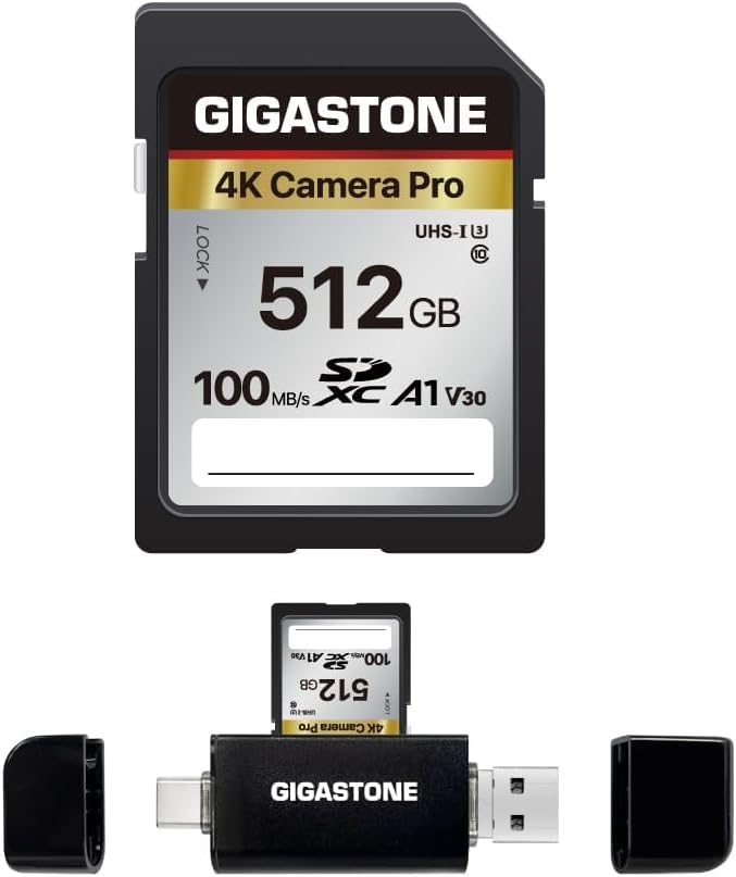 [5-Yrs Free Data Recovery] GIGASTONE 512GB SD Card with USB Type C Card Reader, 4K Camera Pro, A1 V30 U3 SDXC Memory Card Compatible with Canon Digital Camera, with 1 Mini case