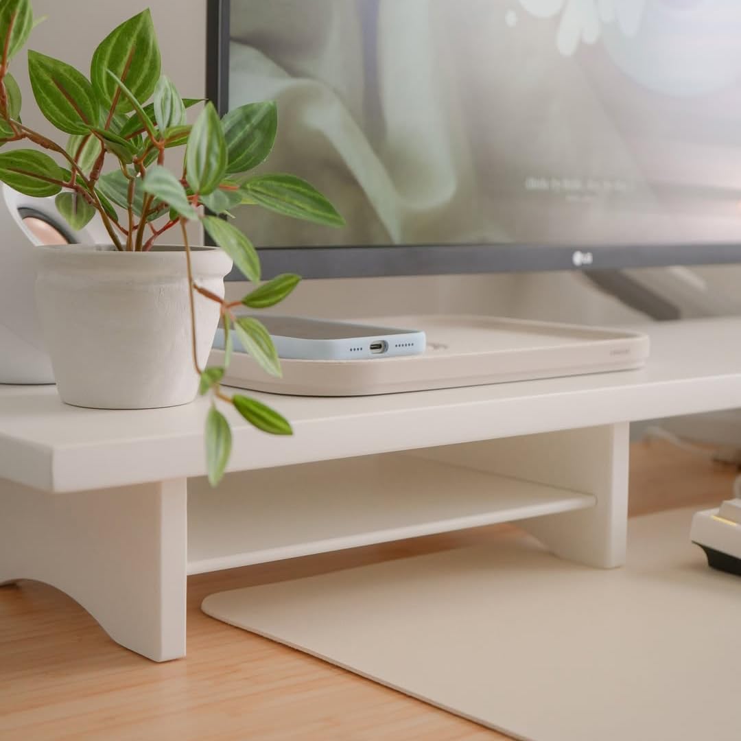 Bamboo Dual Monitor Stand Riser White, 2-Tier Desk Monitor Riser for 2 Monitors, Supports for PC Computer Monitor, Printer, Heavy TV Riser up to 300 lbs, White