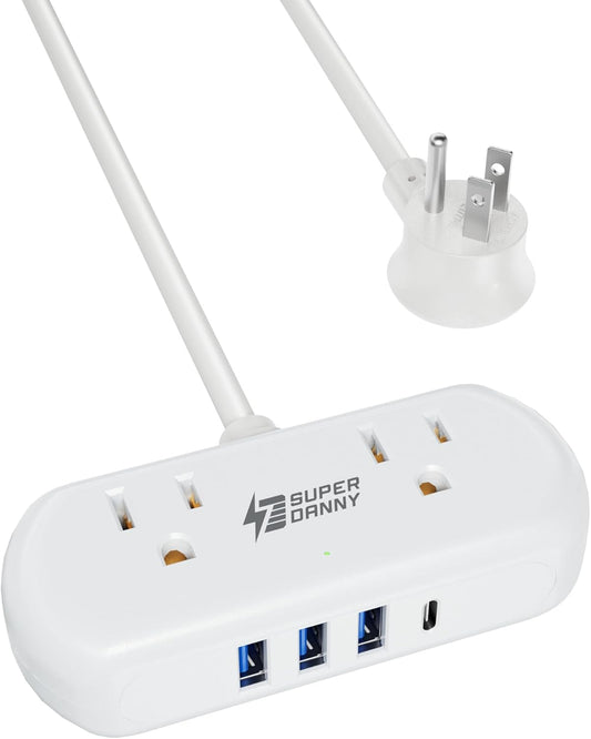 Power Strip with USB, SUPERDANNY Mini Surge Protector with 2 Wide-Spaced Outlets, 3 USB-A 1 USB-C, 5 Ft Extension Cord, Flat Plug, Compact Size Desktop Charging Station Travel, Home, Office, White