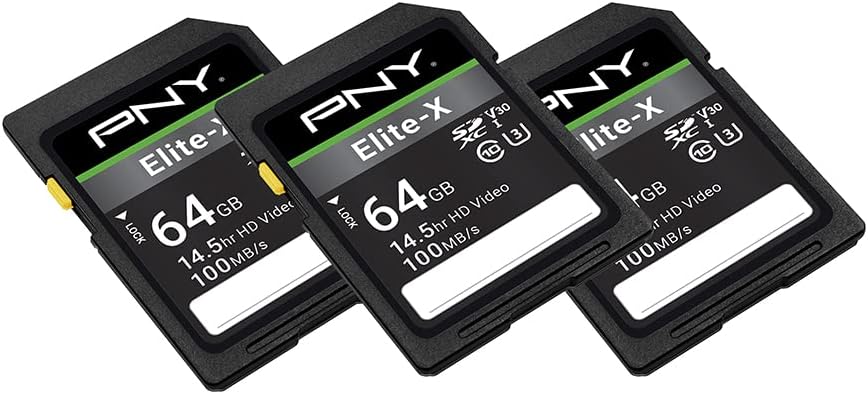 PNY 64GB Elite-X Class 10 U3 V30 SDXC Flash Memory Card - 100MB/s, Class 10, U3, V30, 4K UHD, Full HD, UHS-I, Full Size (Pack of 3)