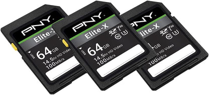 PNY 64GB Elite-X Class 10 U3 V30 SDXC Flash Memory Card - 100MB/s, Class 10, U3, V30, 4K UHD, Full HD, UHS-I, Full Size (Pack of 3)