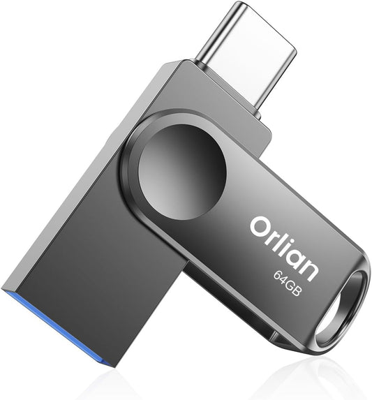 64GB USB C Flash Drive, Dual Drive USB 3.0 and Type C Thumb Drive Up to 110MB/s Read Metal Waterproof Swivel Design Portable for PC Laptop Tablet Android Smartphone iPhone 15 and More, Gray