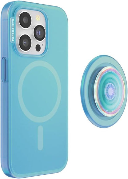 PopSockets iPhone 15 Pro Case with Phone Grip and Slide Compatible with MagSafe, Phone Case for iPhone 15 Pro, Wireless Charging Compatible - Opalescent Blue