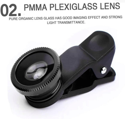 Phone Fisheye Lens 3in1 Wide Angle Fish Eye Macro Lenses Clip-on Universal Lens Black Lens Attachments