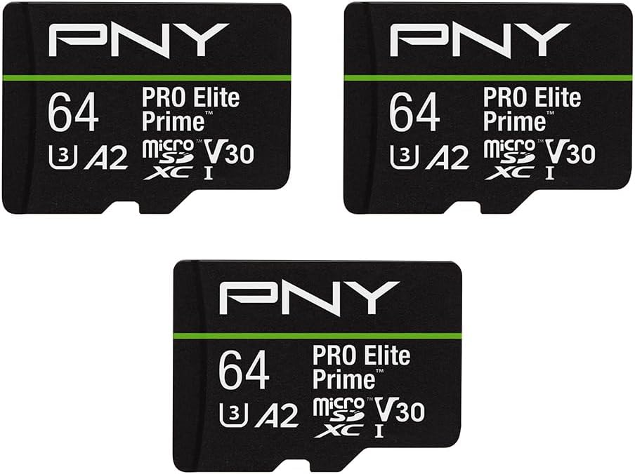 PNY 64GB PRO Elite Prime C10 U3 V30 A2 microSDXC Flash Memory Card – Ultra-Fast Speeds, Read 200MB/s, Write 110MB/s, 4K UHD, Full HD, UHS-I, for Smartphones, Drones, Action Cameras, 3-Pack