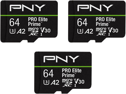 PNY 64GB PRO Elite Prime C10 U3 V30 A2 microSDXC Flash Memory Card – Ultra-Fast Speeds, Read 200MB/s, Write 110MB/s, 4K UHD, Full HD, UHS-I, for Smartphones, Drones, Action Cameras, 3-Pack