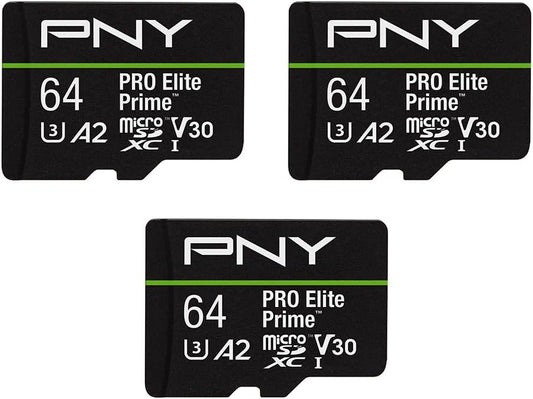 PNY 64GB PRO Elite Prime C10 U3 V30 A2 microSDXC Flash Memory Card – Ultra-Fast Speeds, Read 200MB/s, Write 110MB/s, 4K UHD, Full HD, UHS-I, for Smartphones, Drones, Action Cameras, 3-Pack