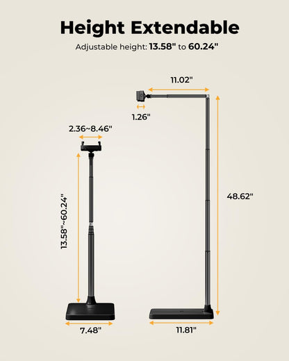 Extended Tablet Floor Stand, 360 Rotating Adjustable iPad Floor Holder with Long Flexible Arm, Compatible with 4-13" Devices, Stand for Bedside, Sofaside, Table, Desk (Black)