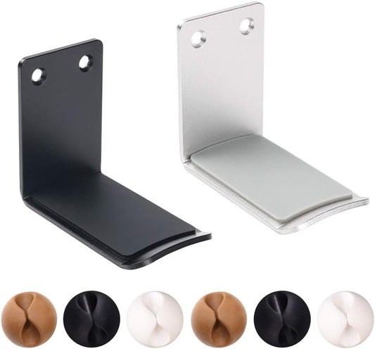 SourceTon 2 Packs Aluminum Headphone Stand Hanger and 6 Cable Clips, 2 Headset Holder Mount (Black and Silver) and 6 Cable Organizers with Strong Adhesive Tape and Screws for Headphones