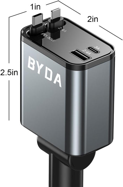 Fast Charger 4 in 1 Retractable Car Charger 69W with Starry Light,USB-C Fast Car Accessories,Compatible with All iPhones All Android Phones (Grey, Lightning & USB-C/Without Starry)