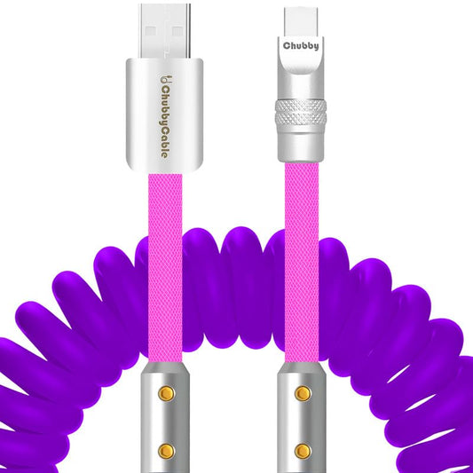 chubbycable Colorblock Chubby - Spring Braided Silicone Charge Cable Coiled USB C Cable Fast Charging Type C Charger Cord for Car, Purple+Pink, USB-A to Type-C, 2.29FT-3.6FT